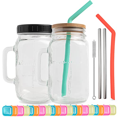 32 oz Wide Mouth Glass Drinking Jar with Handle | Iced Coffee Cup | Includes 2 Lids, 2 Silicone Straws, 2 Stainless Steel Straws, 20 Reusable Ice Cubes, Cleaning Brush & Recipe Book.