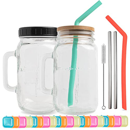 32 oz Wide Mouth Glass Drinking Jar with Handle | Iced Coffee Cup | Includes 2 Lids, 2 Silicone Straws, 2 Stainless Steel Straws, 20 Reusable Ice Cubes, Cleaning Brush & Recipe Book.