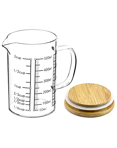 QWORK Glass Measuring Cup, 500ML (18 Oz, 2 Cup), High Borosilicate Glass Scale Cup with Handle and Durable Bamboo Lid, for Kitchen or Restaurant - size: 1 Pack