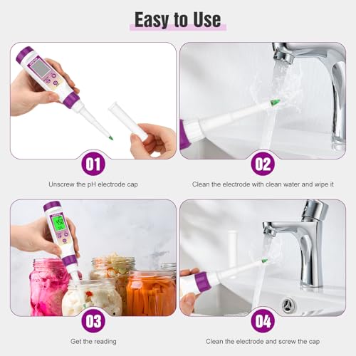 pH Meter for Food Fermentation, Spear pH Probe for Canning Salsa | ±0.01 pH tester with ATC. Replaceable probe with pH calibration kit. For bread dough, hot sauce, kombucha, cosmetics - color: Purple Food pH Meter