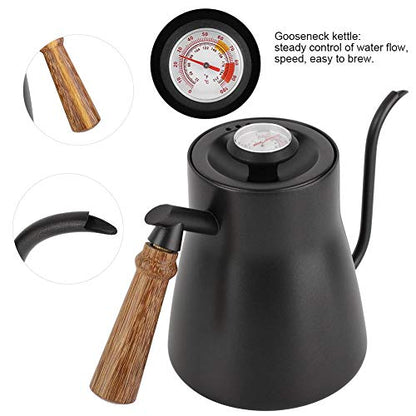 Fdit Coffee Kettle with Thermometer, 850ml Stainless Steel Drip Kettle, Wooden Handle, PTFE Coating, Black