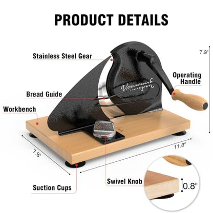 vanerepok Manual Bread Slicer Adjustable Thickness for Homemade Sourdough | Hand Crank Bread Cutter with Scale & Stable Suction Cups & Wood Base for Even Slicing Perfect Baking Gift for Home Bakers - color: Deep Black