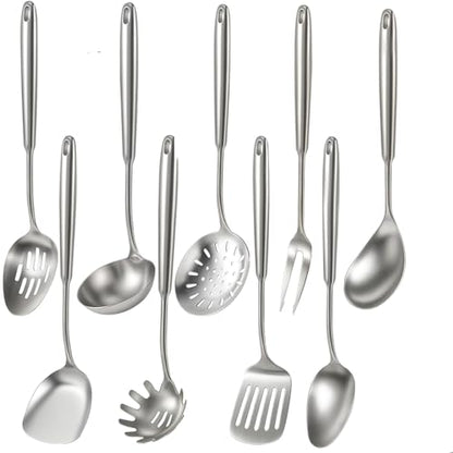 Newness 9 Pcs Cooking Utensils Set, 304 Stainless Steel Kitchen Utensils Set, Metal Kitchen Accessories, Include Soup Ladle, Slotted Skimmer Spoon, Spaghetti Spoon and Spatula, Dishwasher Safe - size: 9 PCS Cooking Utensils Set