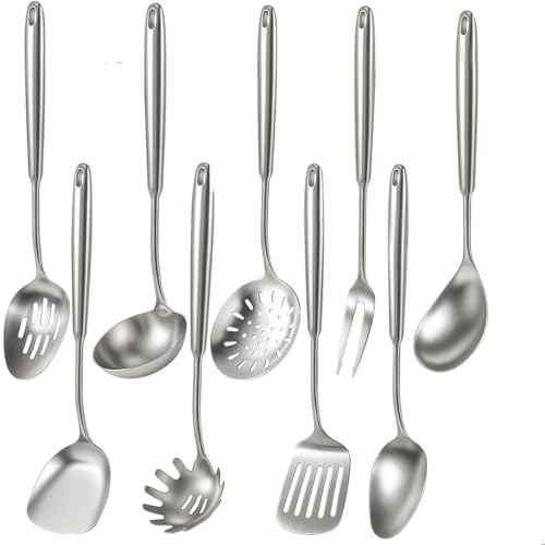Newness 9 Pcs Cooking Utensils Set, 304 Stainless Steel Kitchen Utensils Set, Metal Kitchen Accessories, Include Soup Ladle, Slotted Skimmer Spoon, Spaghetti Spoon and Spatula, Dishwasher Safe - size: 9 PCS Cooking Utensils Set