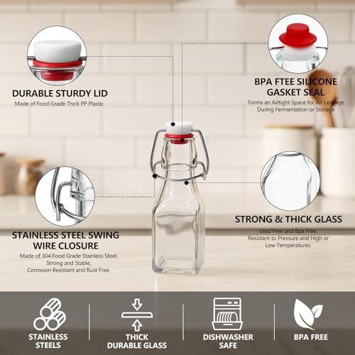 Ruckae Square Swing Top Glass Bottles with Lids Kombucha Coquito Flip Top Glass Bottle for Syrup Vanilla Extract Brew Beer Kefir Air Tight Bottles for Gift (4 oz 24 pack) - size: 4 oz 24 pack