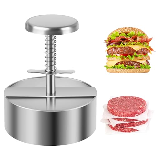 Burger Press, Adjustable Hamburger Prees Patty Maker 4.52" - Non-Stick Mold and Spring Button 304 Stainless Steel Burger Patty Press Making Patties for Beef, Vegetables, Meat, BBQ, Party Grill