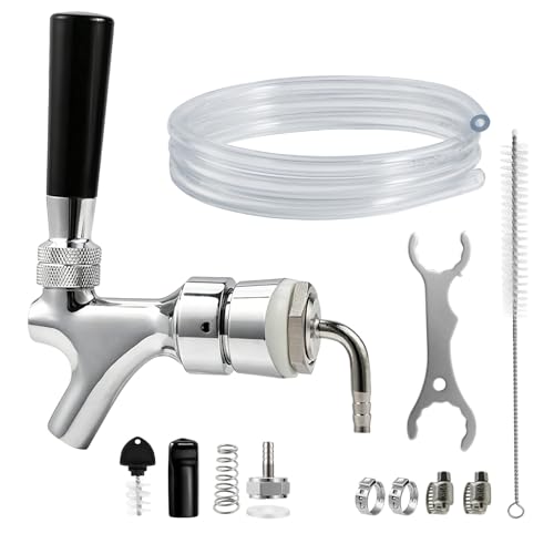 MRbrew Beer Line Shank Faucet Kit, Stainless Core Self-Closing Beer Tap with 3/16'' liquid hose & 1/4" Barb, Kegerator Tower Replacement Set for Draft Beer Dispenser - Include Tap Wrench & Hose Clamps