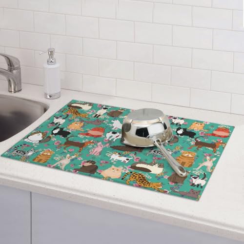 Cat Dish Drying Mat For Kitchen Microfiber Drying Mats Absorbent Reversible Dish Pad Draining Mats For Countertop Coffee Mats 18x24 Inch - color: Cat