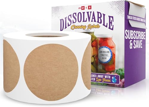 Dissolvable Canning Labels 2in Round - Removable Kraft Mason Jar Labels | Water soluble, no residue, write on with pen, 200 per pack, jam, preserves, pantry, freezer, spice bottles, food storage - size: 2 inch