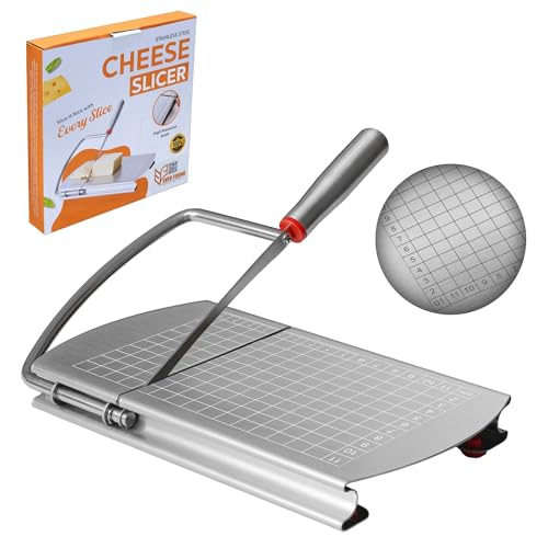 EVER FOUND Stainless Steel Cheese Slicers for Block Cheese Heavy Duty-Multipurpose Cheese Cutter Board with Sharp Knife, Precision Scale and Anti Slip Rubber Pads for cutting Block Cheese & Much More