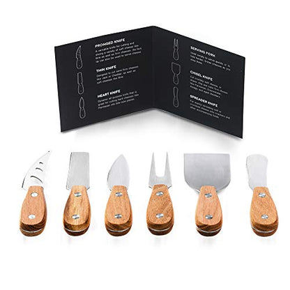 Harvest 6-Piece Cheese Knife Set (Gift-Ready) - Premium Stainless Steel Cheese Knives with Rivets, Full Tang Blades and Teak Wood Handle Charcuterie Board Accessories w/ 15 Festive Recipes