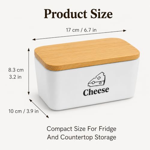 Cheese Container for Refrigerator, Ceramic Cheese Keeper with Airtight Bamboo Lid, Lunch Deli Meat Containers for Fridge,Shredded Cream Block Sliced,Grated,Cheddar Cheeses Storage Box Saver keeper