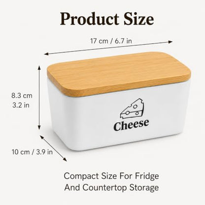 Cheese Container for Refrigerator, Ceramic Cheese Keeper with Airtight Bamboo Lid, Lunch Deli Meat Containers for Fridge,Shredded Cream Block Sliced,Grated,Cheddar Cheeses Storage Box Saver keeper