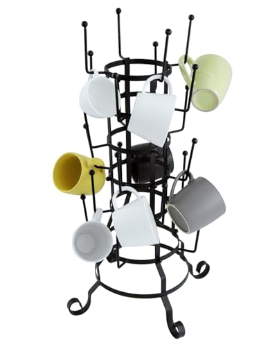 MyGift 24-Hook Rustic Black Iron Coffee Mug Holder, Tea Cup Display Stand, Drinking Glasses Baby Bottle Drying Rack Stand