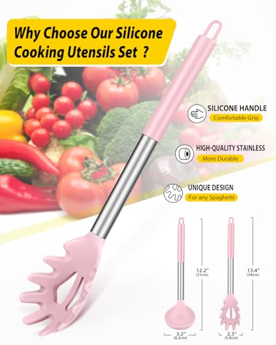 Silicone Pasta Fork and Ladle Spoon Set, Large Non Stick Kitchen Utensils for Cooking,Stirring,Serving Spaghetti, Soup, Sauce (PINK) - color: Pink