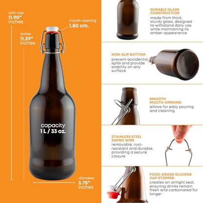 FastRack 33 oz Amber Swing Top Glass Bottles – 2 Pack | Flip Top Airtight Bottles (Not Olive Oil Style) | UV-Protective Bottles for Kombucha, Beer, Soda & Fermentation - color: Amber