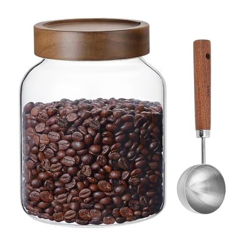 50 Fl oz/ 1500ml Clear Glass Jar with Airtight Screw on Wood Lid and Scoop, Glass Canister for 1.1LB Coffee Beans, Large Food Storage Containers Pantry Jars for Rice,Flour,Pasta,Sugar,Cookies,Cereal - size: 1*1500ml+1*scoop