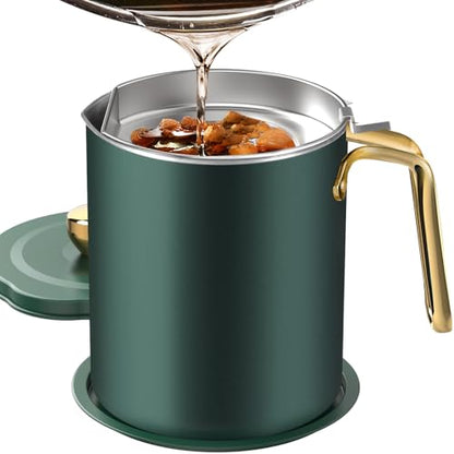 Chihee Grease Container Stainless Steel 2L / 67.6 fl oz Fine Mesh Strainer | Easy to Clean Large Spout Bacon Grease Saver Cooking Oil Keeper Stoarge Can with Dust-proof Lid Non-slip Tray Kitchen Frying - color: Dark green/Golden(2L)