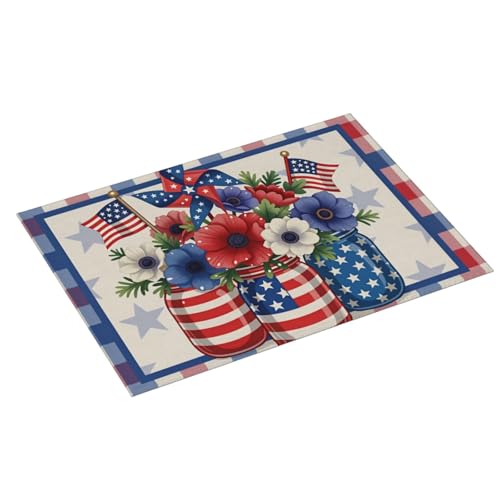Patriotic Flowers In Mason Jars With American Flags And Pinwheel Microfiber Dish Drying Mat 18x24 Inch - Absorbent Non-Slip & Quick Dry Kitchen Counter Dish Drainer Pad, Rustic Farmhouse Style - color: Patriotic Flowers In Mason Jars With American Flags A