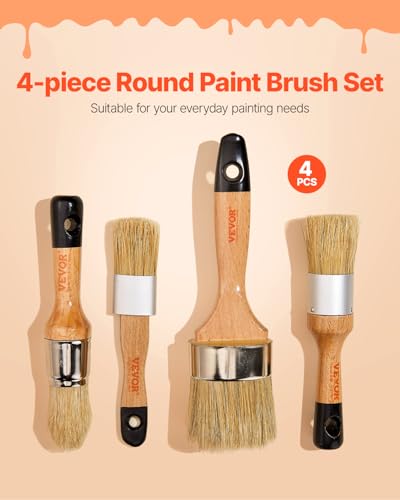 VEVOR Chalk Wax Paint Brush, 4 Piece Wax Paint Brush, Stain Brushes for Furniture, Acrylic Painting,Milk Paint,Home Decor, Natural Bristle Round Oval Chalk Paint Brushes for All Painting and Waxing - size: 4 PCS, style: Paint Brush