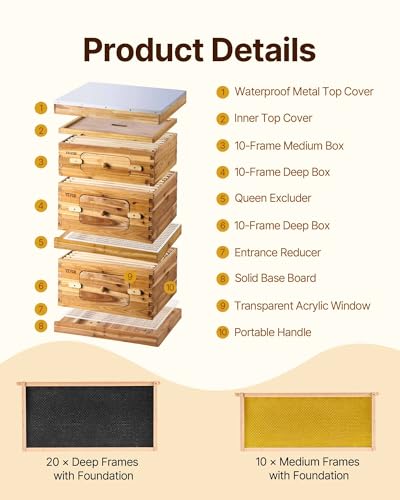 VEVOR Bee Hive 10 Frame Bee Hives Starter Kit, Beeswax Coated Fir Wood, 2 Deep + 1 Medium Bee Boxes Langstroth Beehive Kit, Transparent Acrylic Windows with Foundations for Beginners Pro Beekeepers - size: Deep Box x 2+ Medium Box x 1