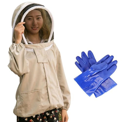 Bee Suit Beekeeper Jacket Long Sleeve Hood Pull Over, White Beekeeping Suit, with Hat Veil, Smock Protective Suit