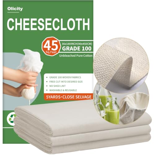 Olicity Cheese Cloths, Grade 100, 45 Sq Feet, Reusable Cheese Cloth with Closed Edges Fabric Fine Mesh Cloth, Unbleached Cotton Muslin Cheesecloth for Straining, Baking, Milk, Free Cutting - 5 Yards
