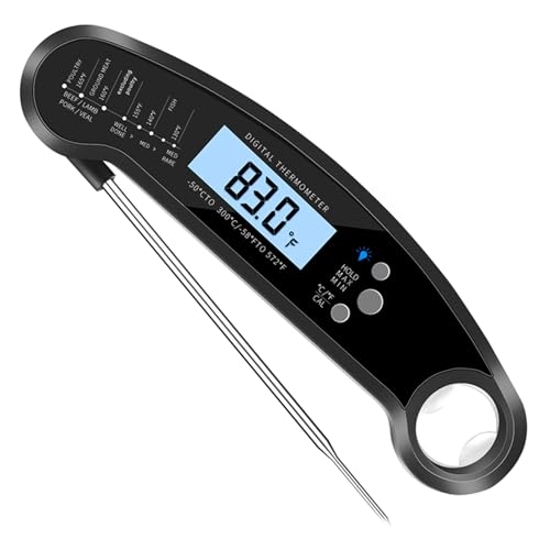 Digital Instant Read Food Thermometer with Backlight, LCD Display, Calibration Function, Built-in Bottle Opener for Grilling, BBQ, Turkey, Candy, Liquid Temperature Measurement, Black - color: Black
