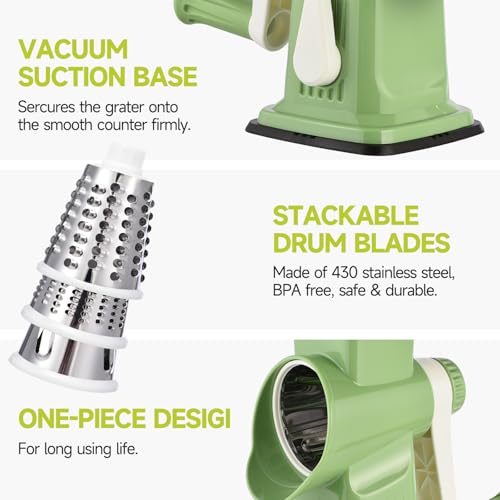 Rotary Cheese Grater Hand Crank Transparent - Shredder Slicer Grinder 3 Stainless Steel Blades, Stable Suction, Labor-Saving Handle, Safe Kitchen Tool for Cheese, Vegetable, Nuts, Chocolate - color: Green