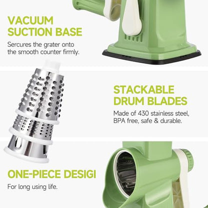 Rotary Cheese Grater Hand Crank Transparent - Shredder Slicer Grinder 3 Stainless Steel Blades, Stable Suction, Labor-Saving Handle, Safe Kitchen Tool for Cheese, Vegetable, Nuts, Chocolate - color: Green