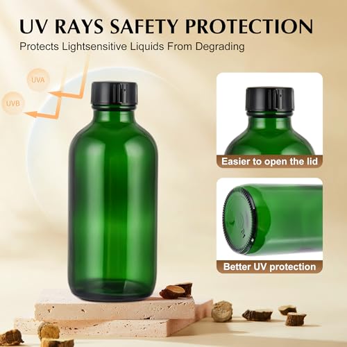 Small Glass Bottles with Lids Boston Round Shot Bottles for Health, Immunity, Ginger Juice, Essential Oils, Potion - Leak Proof Mini Travel Containers (Green UV, 4oz-24Pack) - color: Green UV, size: 4oz-24Pack