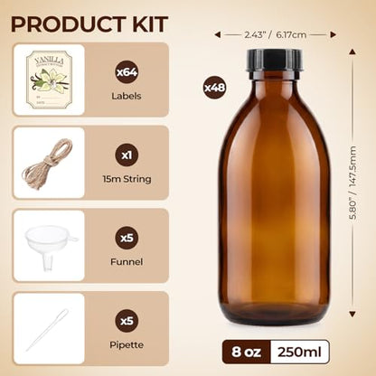 48 Pack 8oz Amber Glass Bottles, Vanilla Extract Bottles | Boston Round Syrup Bottles with Caps and Labels for Elderberry, Liquid Supplements, Extracts & Tinctures Airtight Apothecary - size: 48 Pack