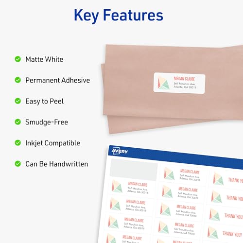 Avery Easy Peel Printable Address Labels with Sure Feed, 1" x 2-5/8" Customizable Stickers, White, 750 Blank Mailing Labels, Great for Mailing, Shipping, and More (8160) - size: 1" x 2-5/8"