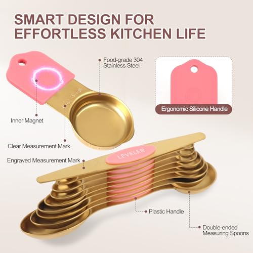 16-Piece Stainless Steel Measuring Cups and Spoons Set, Strong Magnetic Nesting Design 7 Cups 8 Spoons with Leveler, Double Measurement Markings for Dry & Liquid Ingredients, Pink & Gold - color: 16-Piece Pink & Gold
