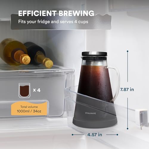 OVALWARE Airtight Cold Brew Iced Coffee Maker Pitcher and Tea Infuser with Spout - 1.0L / 34oz Ovalware RJ3 Brewing Glass Carafe with Removable Stainless Steel Filter - size: 34 Ounces