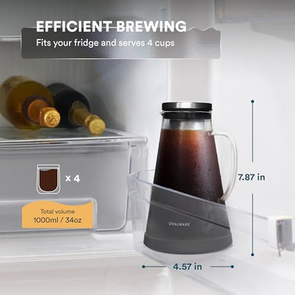 OVALWARE Airtight Cold Brew Iced Coffee Maker Pitcher and Tea Infuser with Spout - 1.0L / 34oz Ovalware RJ3 Brewing Glass Carafe with Removable Stainless Steel Filter - size: 34 Ounces