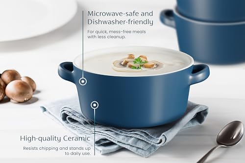 Kook Soup Crocks, Ceramic Stackable Bowls, Broil, Oven, Microwave and Dishwasher Safe, with Handles, For Casserole, Pasta, Cereal, Capacity 18 oz, Set of 4, (Matte Blue) - color: Matte Blue