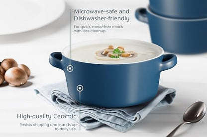 Kook Soup Crocks, Ceramic Stackable Bowls, Broil, Oven, Microwave and Dishwasher Safe, with Handles, For Casserole, Pasta, Cereal, Capacity 18 oz, Set of 4, (Matte Blue) - color: Matte Blue