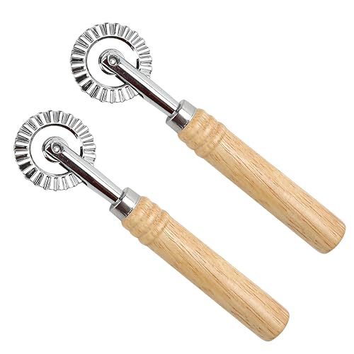 2PCS Pizza Cutter Wheel Roller, 16cm/6.3" long, Zinc Alloy Crinkle Cutter Maker Set with Long Wooden Handle for Making Pasta Ravioli Noodles Dumpling Lace Pastry Pies Fluted Cracker for Kitchen Travel