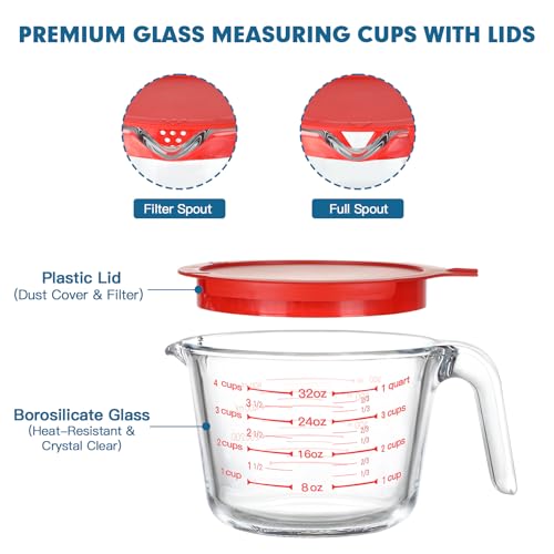 KOMUEE 4 Pieces Glass Measuring Cups Set | 5 Oz, 1-Cup, 2-Cup, 4-Cup Liquid Measuring Cups with Lids for Kitchen, Freezer and Microwave Safe
