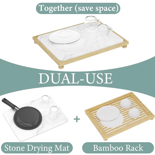Golener Stone Drying Mat for Kitchen Counter, Dish Drying Pad with Bamboo Rack, Super Absorbent Diatomaceous Earth and Drying Rack, Multi-purpose Quick Drying Mat Rack for Kitchen,Marble White,16”x12”