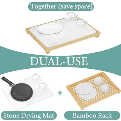 Golener Stone Drying Mat for Kitchen Counter, Dish Drying Pad with Bamboo Rack, Super Absorbent Diatomaceous Earth and Drying Rack, Multi-purpose Quick Drying Mat Rack for Kitchen,Marble White,16”x12”