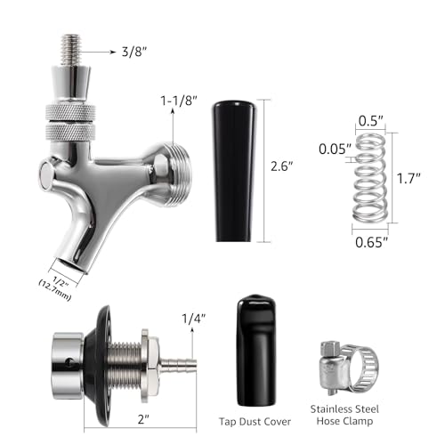 Beer Tap Faucet 1-1/2'' Shank 1/4" Nipple Shank Self-Closing Draft Faucet Kit Craft Rustproof Plated Stainless Core 2’’ 1/4 Barb Homebrew Leak-Proof Keg Tap + Cover - size: 2" Shank