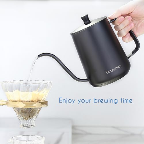 Easyworkz Gooseneck Pour Over Coffee Kettle 30 fl oz with Thermometer Stainless Steel Hand Drip Coffee Pot With Long Narrow Spout,Suitable for Induction Cookers - color: Black