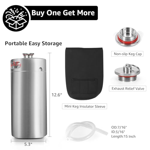 Mini Keg Growler 128oz Stainless Steel Mini Keg Portable Keg Homebrew Growler Pressurized Growler with Exhaust Valve Cap Mini Keg Insulator Sleeve Seal Knob Cover - Silver