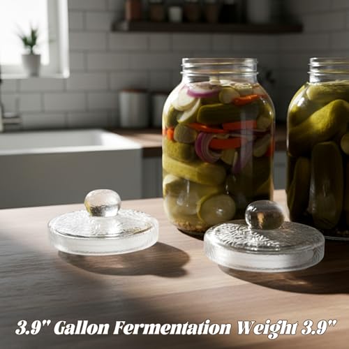 2 Pcs Glass Fermentation Weight Set, 3.7 inch Large and Heavy Jar Glass Fermenting Weights with Easy Grip Handles for Wide Mouth Mason Jars Sauerkraut Kimchi
