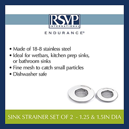 RSVP International Stainless Steel Kitchen Sink Strainer, Food Scrap Trap, Dishwasher Safe, Stainless Steel, Strainer Set of 2 Assorted - size: Strainer Set of 2 Assorted