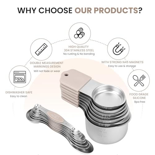 Magnetic Measuring Cups and Spoons Set-Heavy Duty 304 Stainless Steel，Double Measurement Markings，Set of 16 with Leveler for Measure Dry and Liquid Ingredients (khaki) - color: Khaki