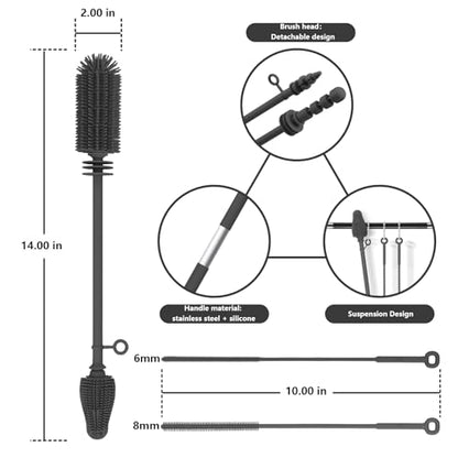 Silicone Bottle Brush and Straw Cleaner Set,Water Bottle Brush Double-Headed,Straw Brush Silicone,Bottle Cleaner Brush for Thermoses and Sports/Water Bottles/Dish/Cup (Black-Grey)