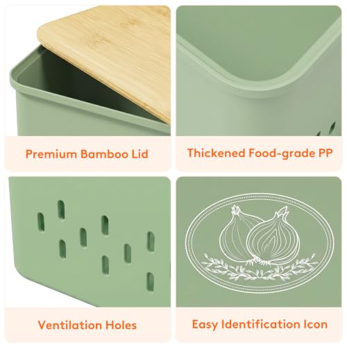 Lifewit Onion and Potato Storage Bin with Aerating Holes and Lid, Stackable Garlic Keeper, Plastic Vegetable Container Box for Kitchen, Green, Set of 2 - color: Green